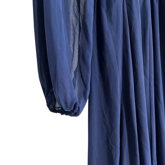 DB Studio Surplice Long Sleeve Faux Wrap Tie Belt Chiffon Maxi Dress Navy Sz 14 - Picture 4 of 7